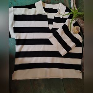 Tahari White and Black Striped Polo Knitwear